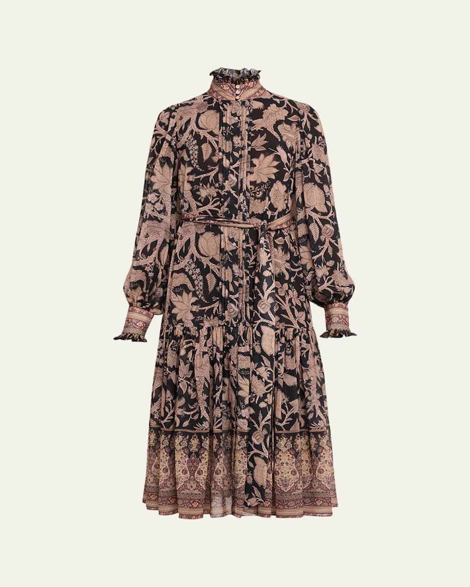 Moses Pintuck Floral-Print Midi Dress